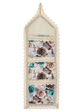 Heart Home Flower Printed Multiuses 3 Pockets Wall Hanging Storage Organizer/Holder For Home (Cream & Brown)-50HH01171