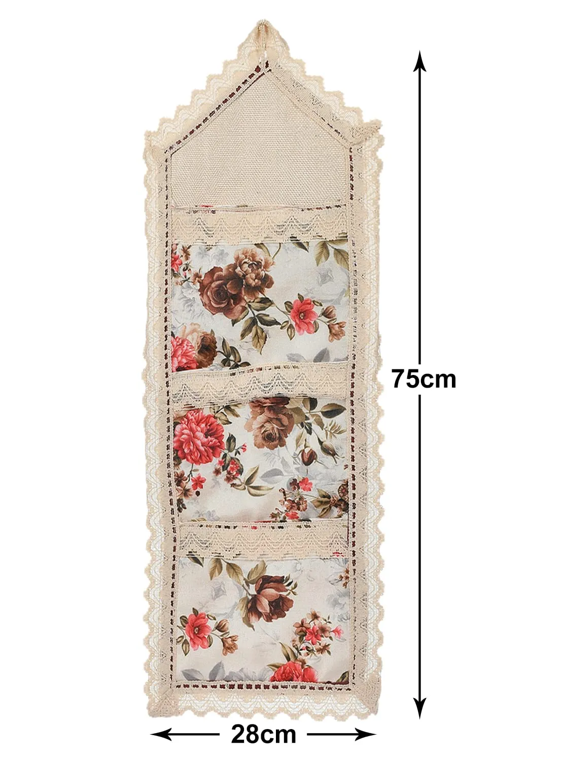 Heart Home Flower Printed Wall Hanging Organizer For Small Accessories, Stationery, Jewelry, Magazine, Letter (Cream & Red)-50HH01176