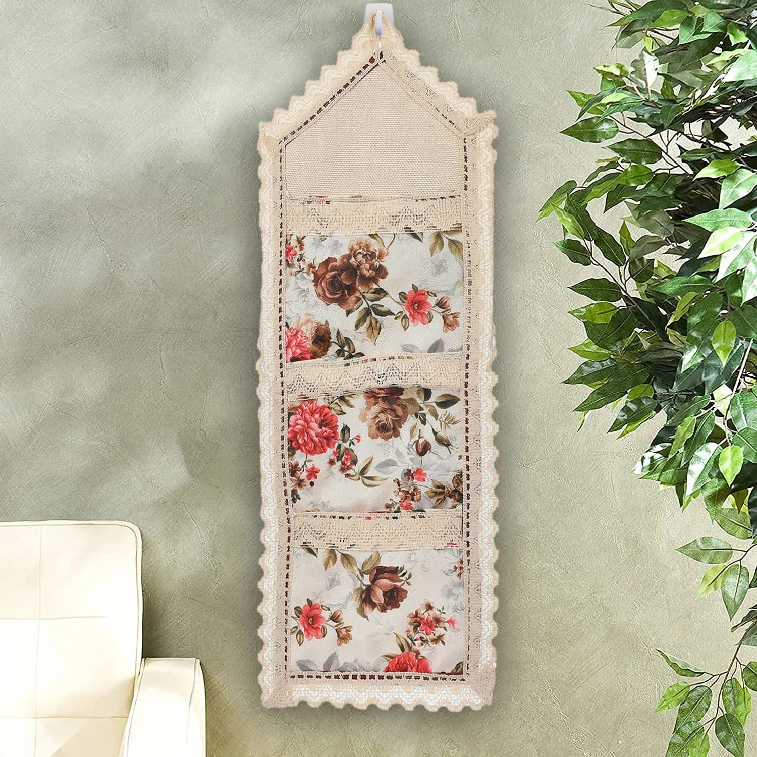 Heart Home Flower Printed Wall Hanging Organizer For Small Accessories, Stationery, Jewelry, Magazine, Letter (Cream & Red)-50HH01176