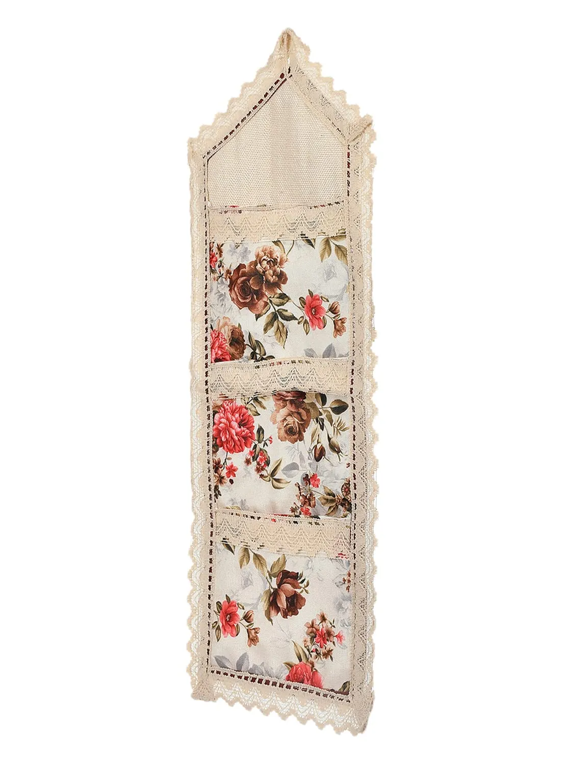 Heart Home Flower Printed Wall Hanging Organizer For Small Accessories, Stationery, Jewelry, Magazine, Letter (Cream & Red)-50HH01176