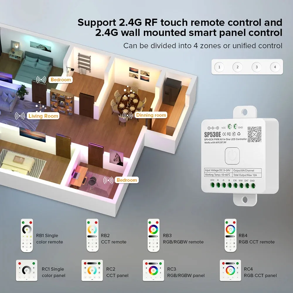 SP530E All In One LED Controller Wifi Alexa Google Home BT 5CH PWM SPI Pixels LED Strip Light 5V-24V