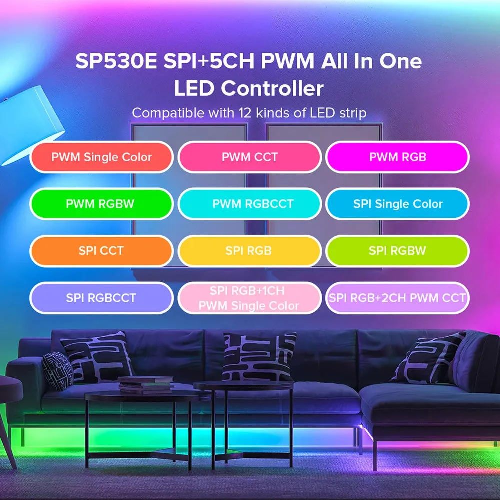 SP530E All In One LED Controller Wifi Alexa Google Home BT 5CH PWM SPI Pixels LED Strip Light 5V-24V