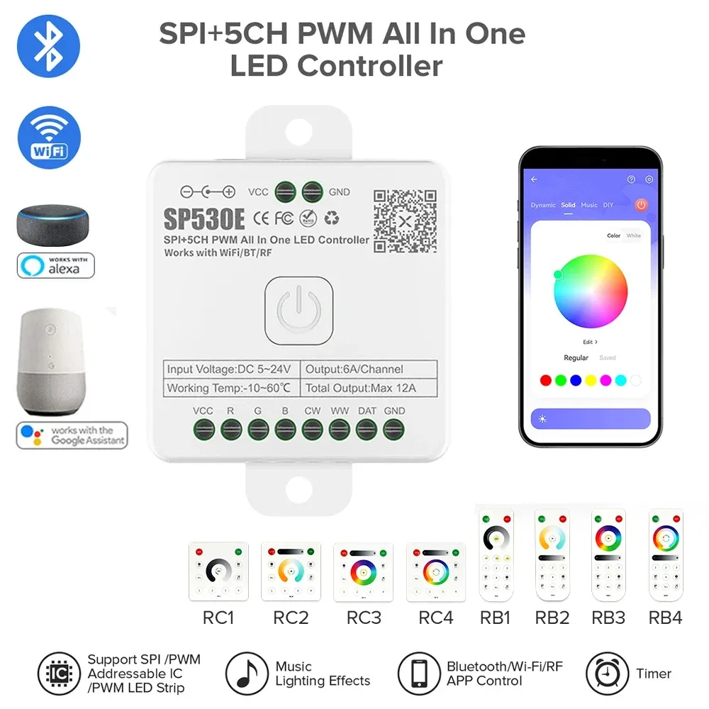 SP530E All In One LED Controller Wifi Alexa Google Home BT 5CH PWM SPI Pixels LED Strip Light 5V-24V