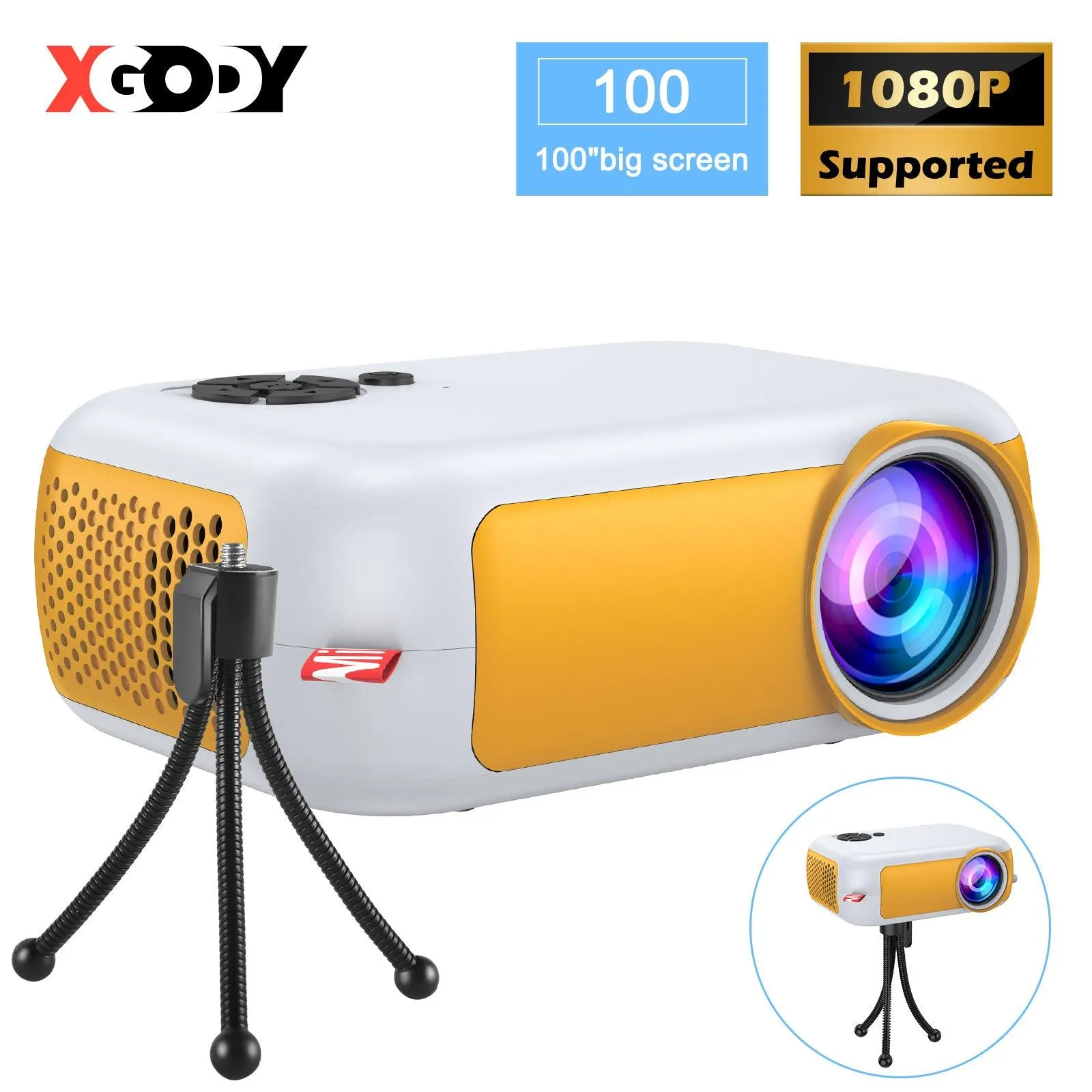 XGODY 1080P Multi-devio Connection Small Projector For Home Theater,  HIFI Built-In 3W Speaker